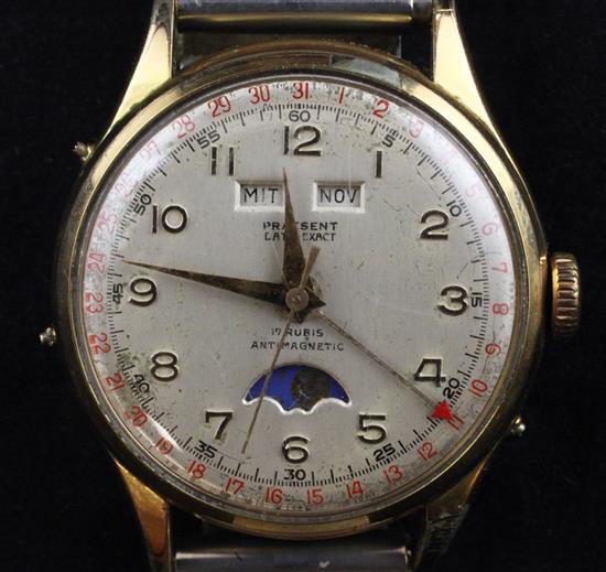 A gentlemans 1950s? Swiss steel and gold plated calendar moonphase manual wind wrist watch,(-)